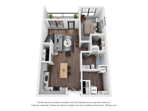 Floor plan for 1 bed, 2 baths, 1232 sqft